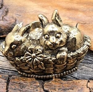 Bunnies in Basket Pin Brooch GoldTone w/straight Pin for Various Wear 1" X 1.25"